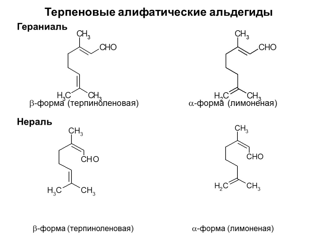 Гераниаль -форма (терпиноленовая) -форма (лимоненая) Нераль -форма (терпиноленовая) -форма (лимоненая) Терпеновые алифатические альдегиды